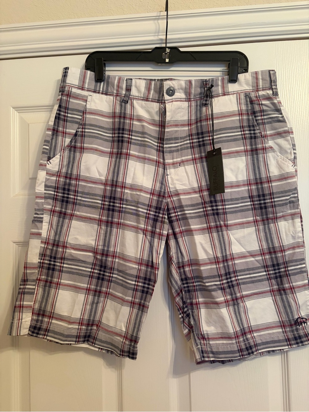 Men's Buffalo Plaid Cotton Blend Shorts in White and Gray